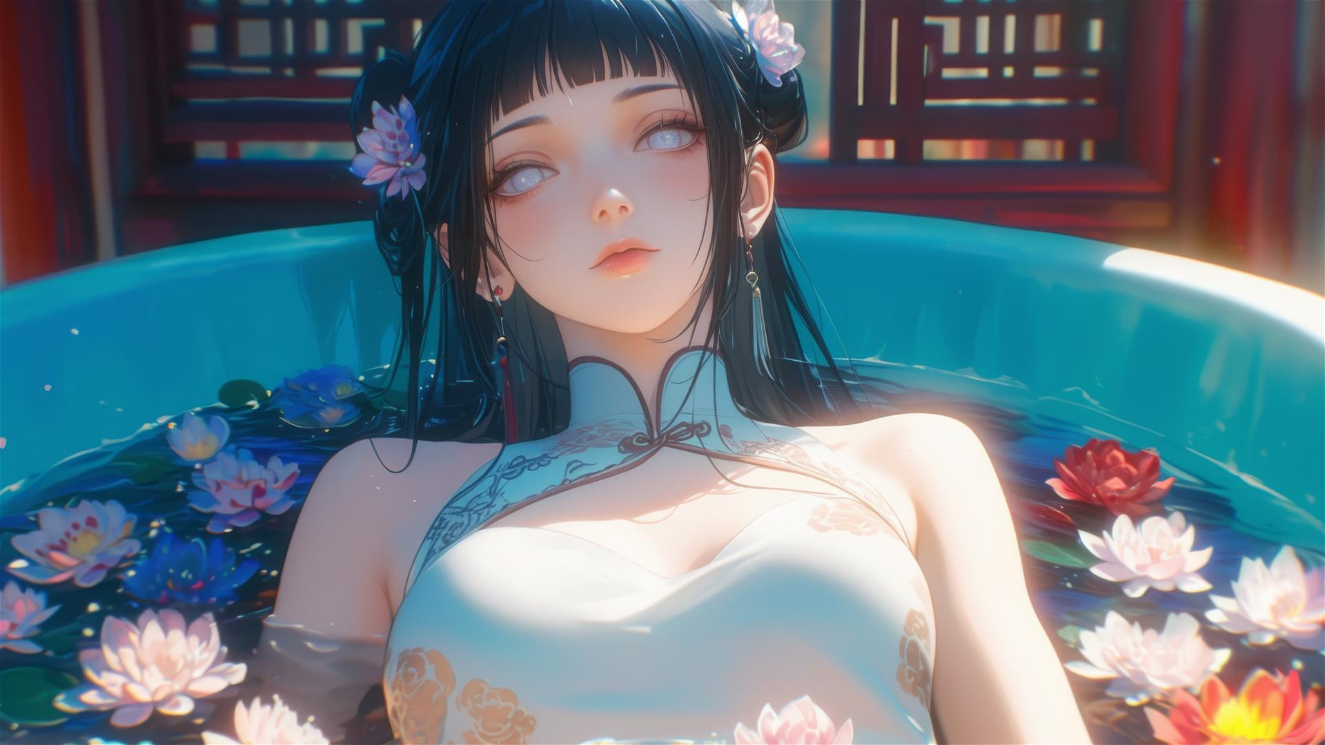 Hinata Hyuga from Naruto in a flower-filled tub at a Chinese spa, with white eyes
