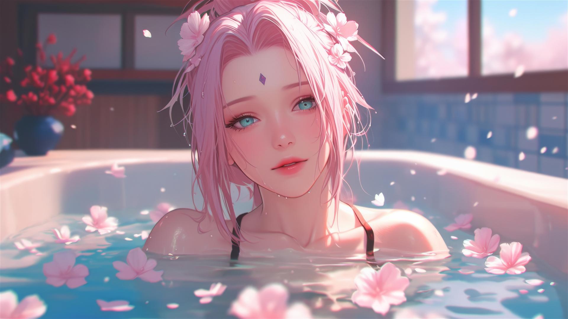 Sakura Haruno from Naruto in a tub of flowers, at a Chinese spa