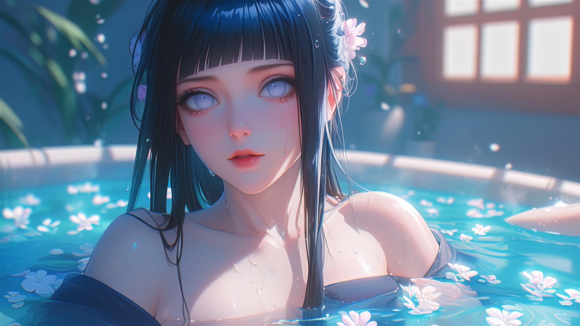 Hinata Hyuga from Naruto in a tub full of flowers inside a Chinese spa