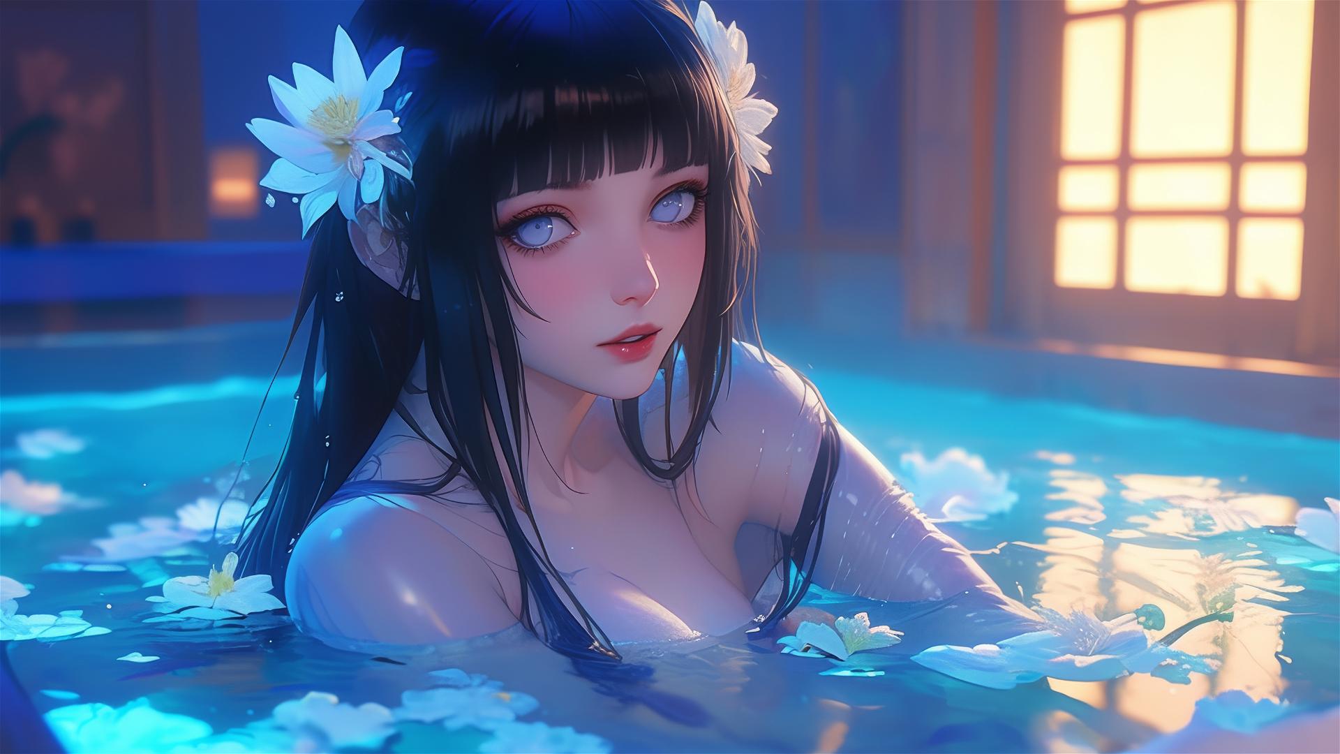 Hinata Hyuga from Naruto in a flower-filled tub at a Chinese spa