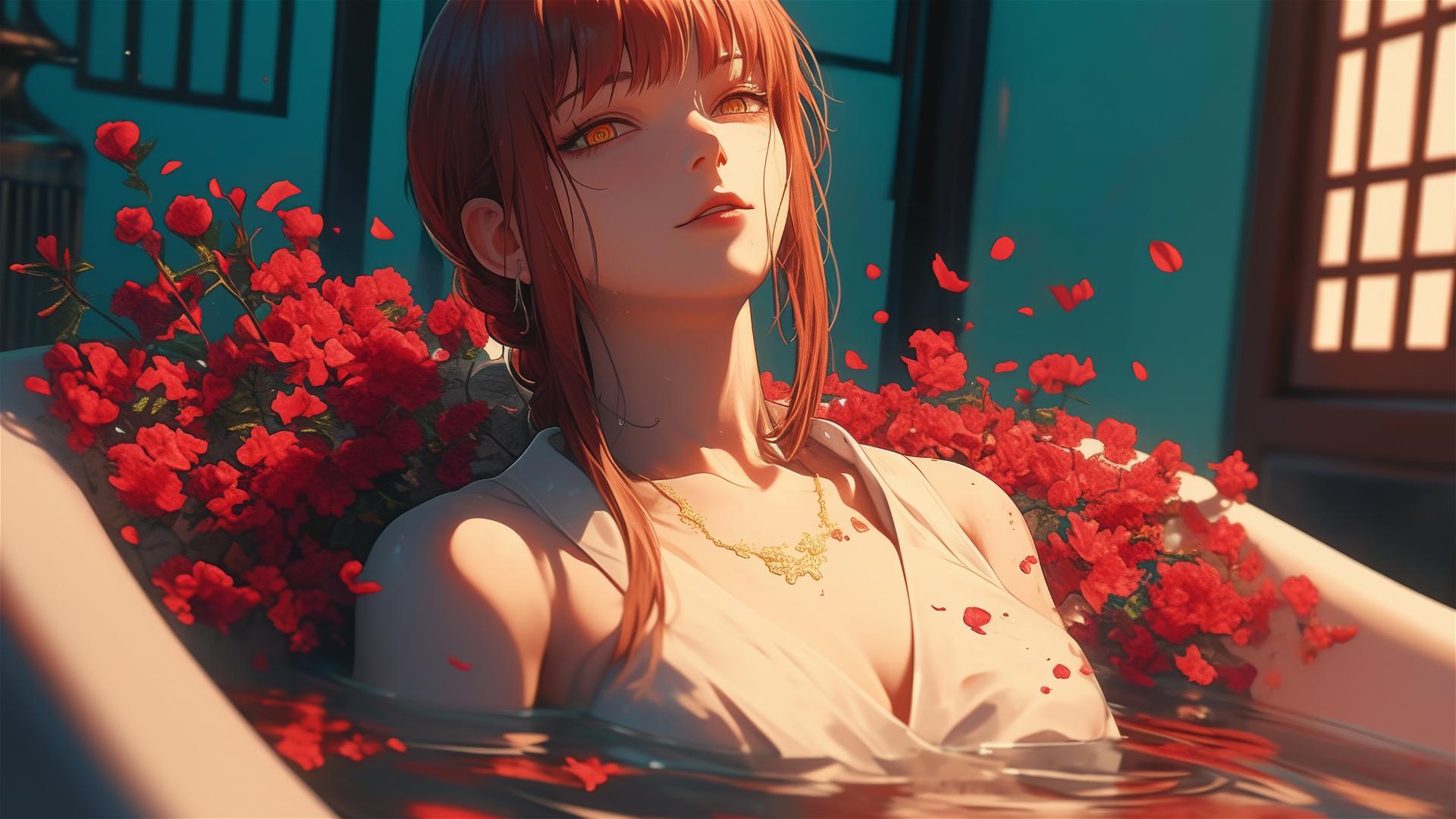 Makima from Chainsaw Man in a tub full of flowers in a Chinese spa