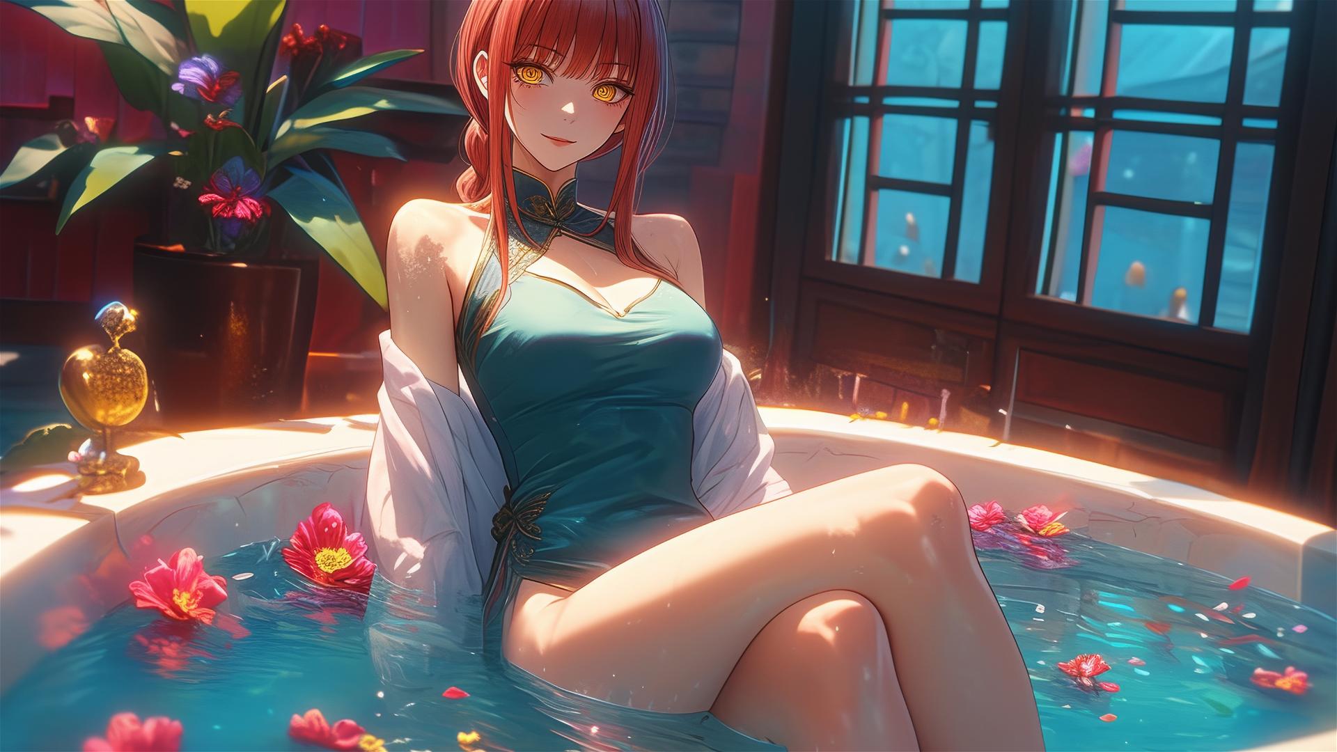 Makima from Chainsaw Man in a tub full of flowers at a Chinese spa