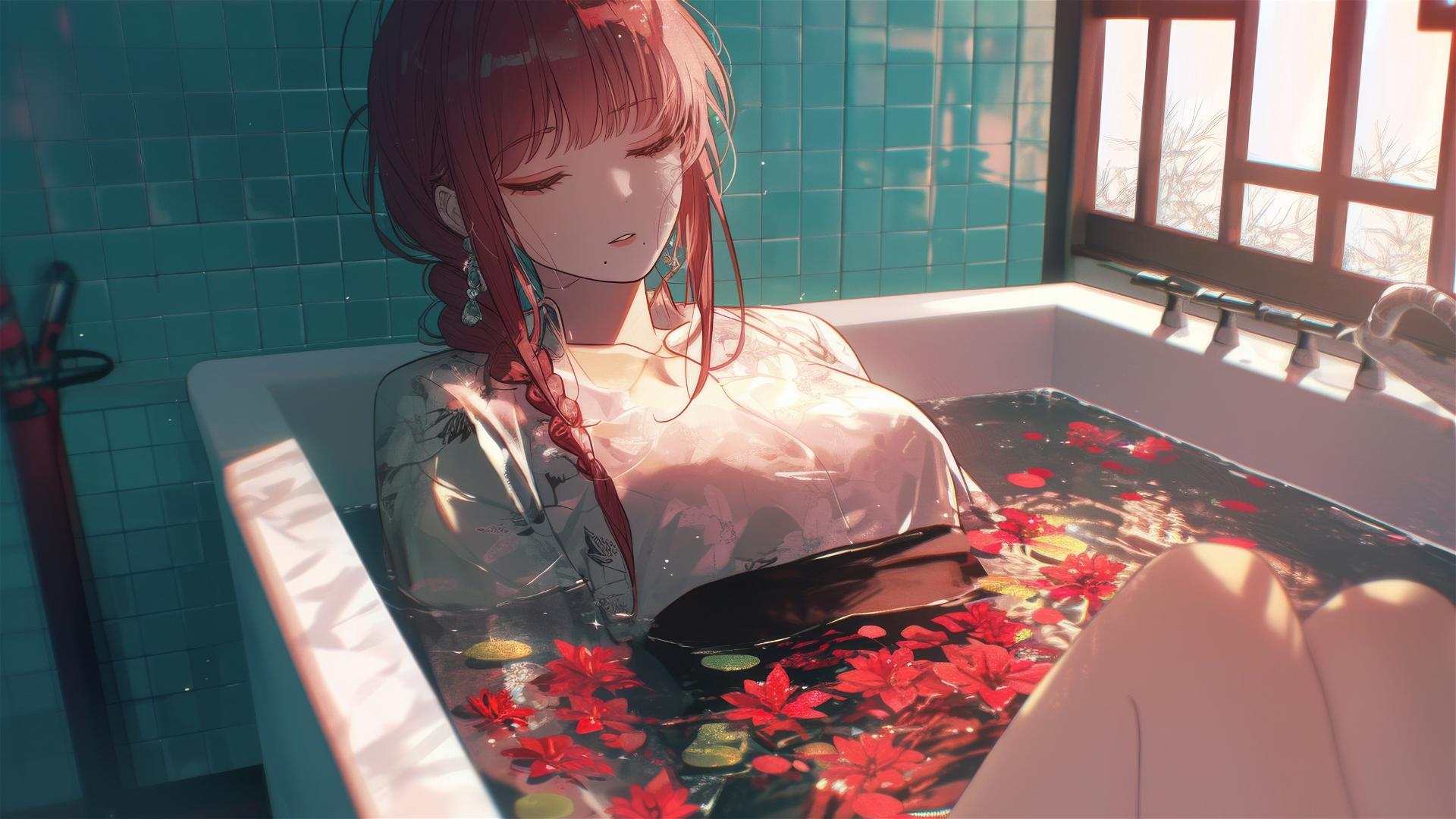 Makima from Chainsaw Man in tub with flowers in Chinese spa
