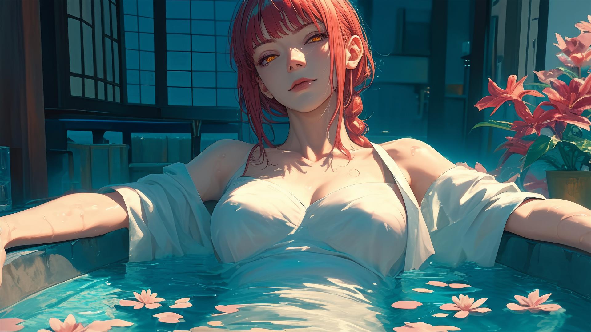 Makima from Chainsaw Man in a flower-filled tub at a Chinese spa
