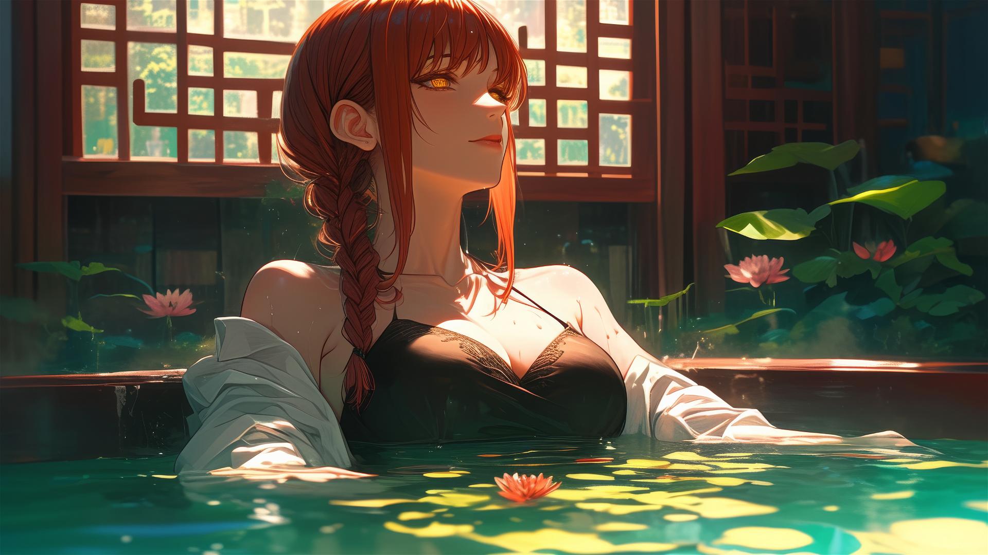Makima from Chainsaw Man in a tub of flowers at a Chinese spa