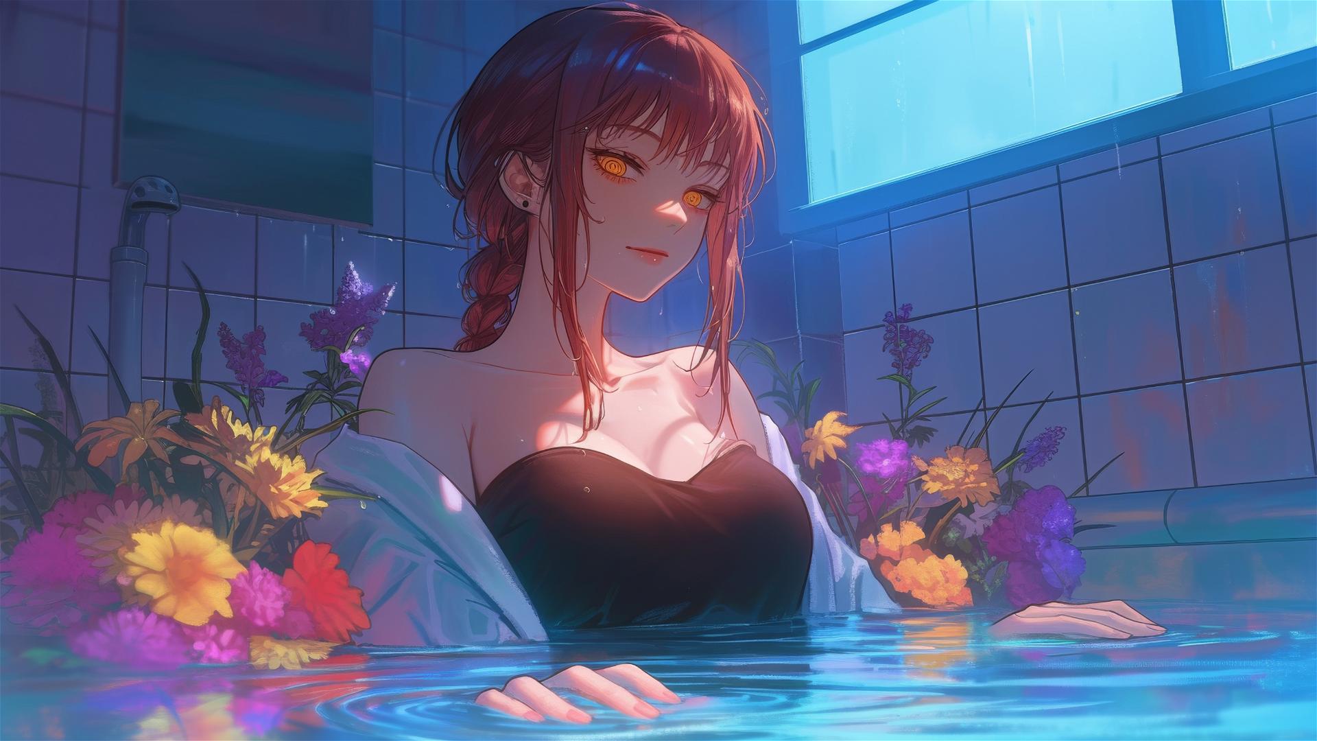 Makima from Chainsaw Man in tub of flowers, Chinese spa