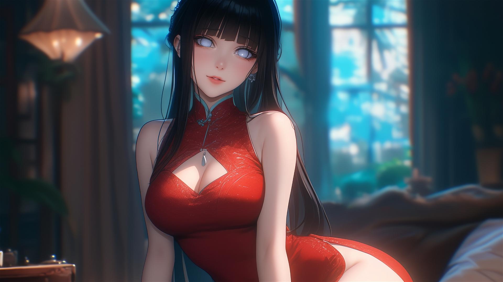 Hinata Hyuga in a red dress, sitting at a modern hotel with warm lighting.