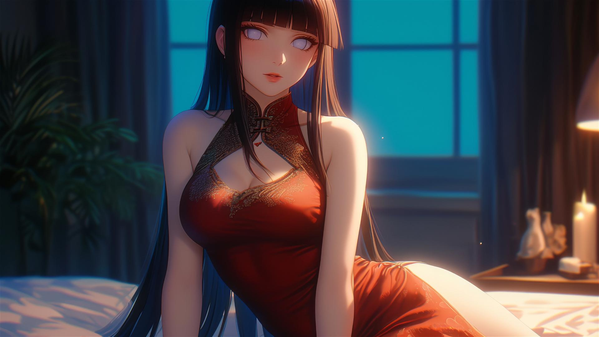 Hinata Hyuga sitting at a modern hotel in warm light, wearing a red dress.