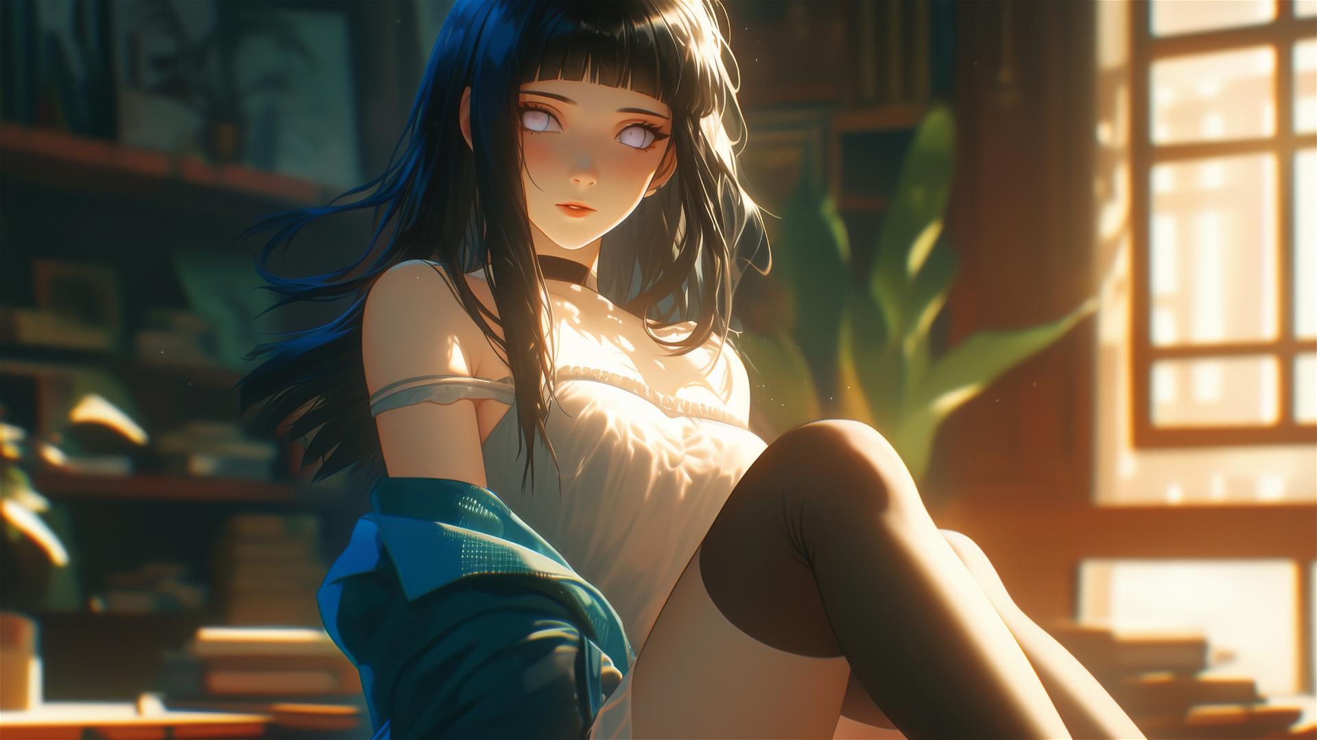 Hinata Hyuga sitting in a modern hotel with warm light glow