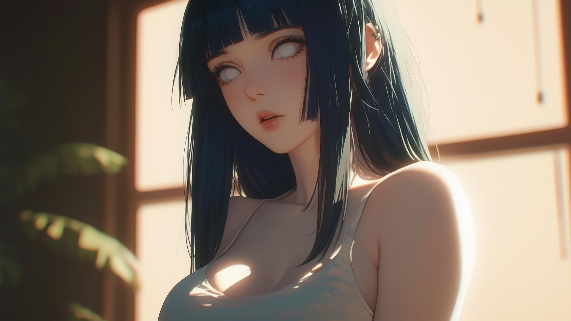 Hinata Hyuga sitting in a modern hotel with warm light