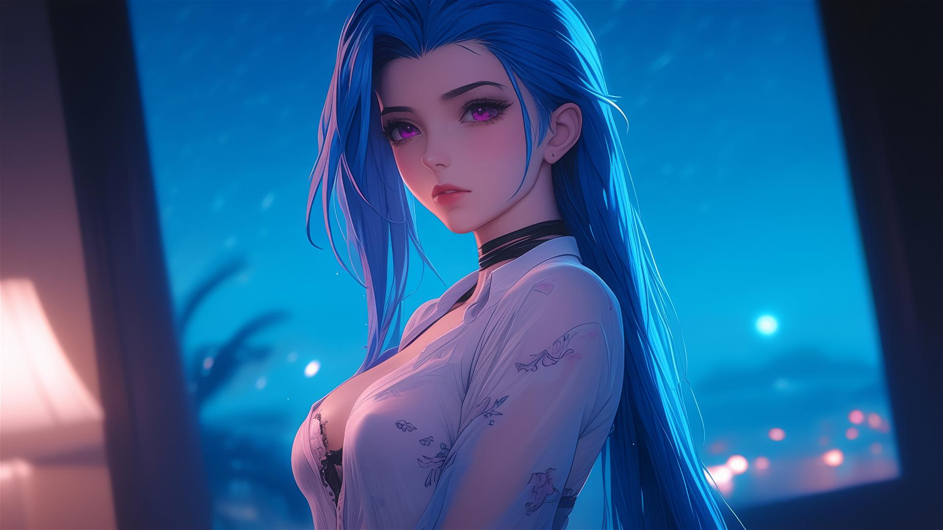 Jinx from League of Legends standing in warm-lit apartment