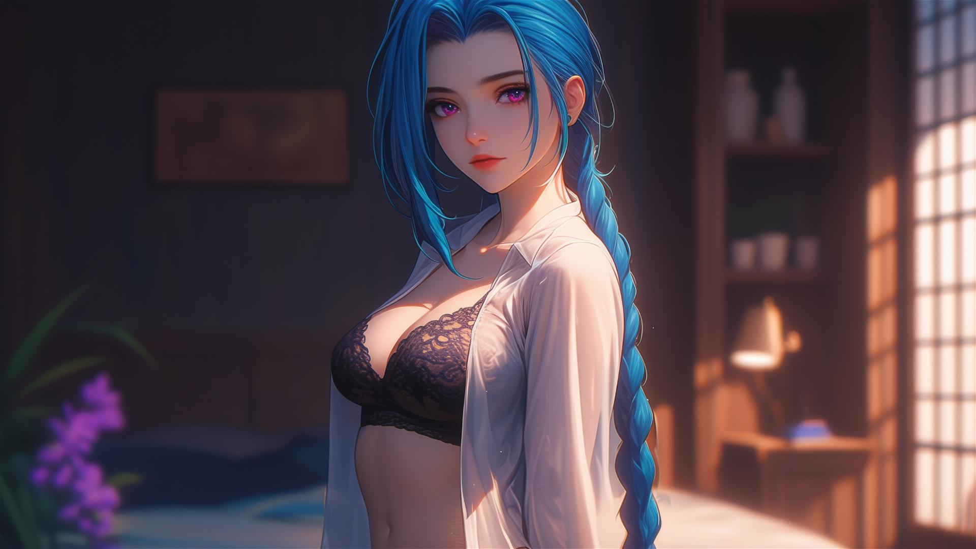 Jinx from League of Legends in silk pajamas with blue hair and pink eyes, standing in an apartment