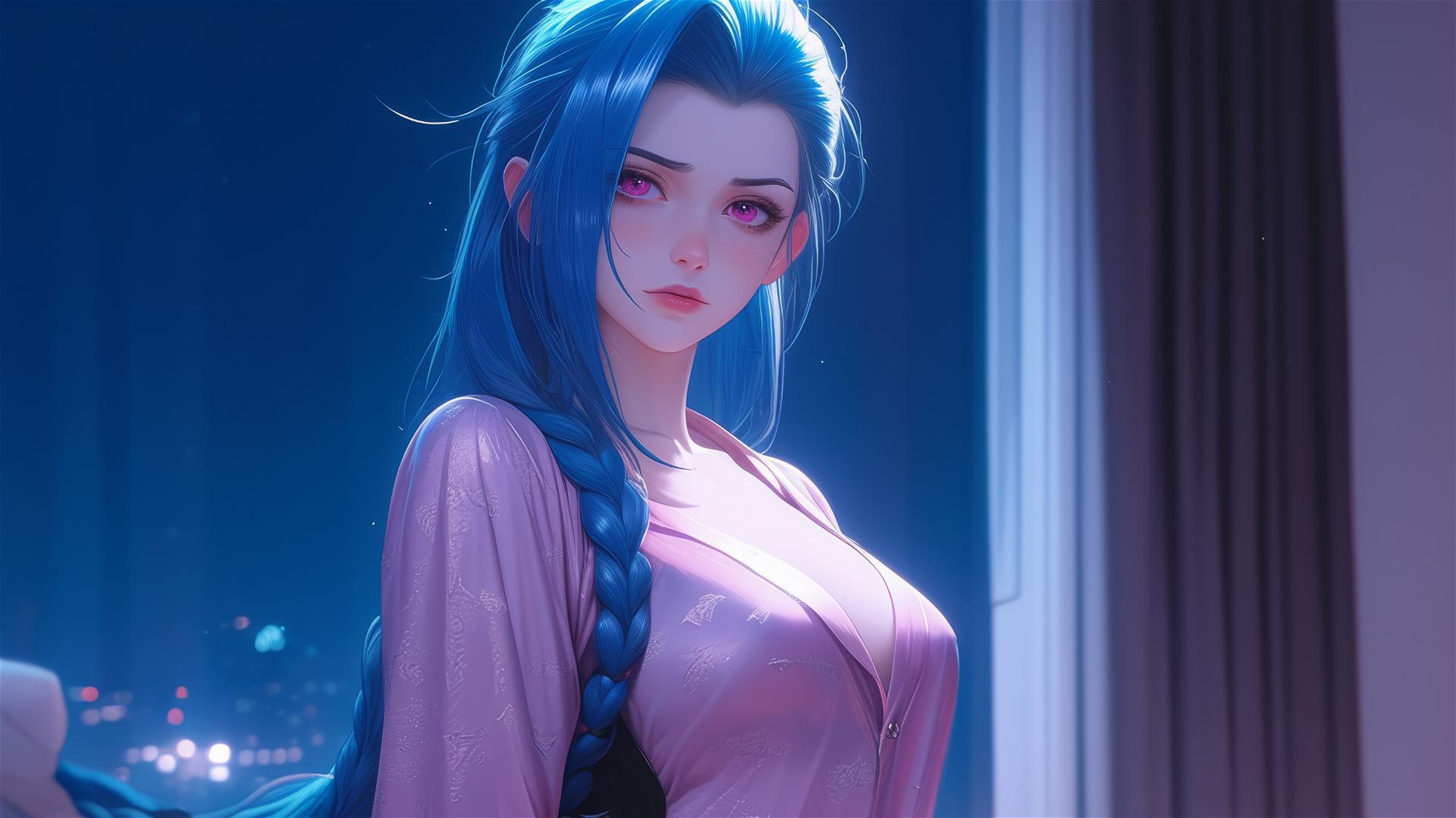 Jinx from League of Legends standing in an apartment, illuminated by moonlight.