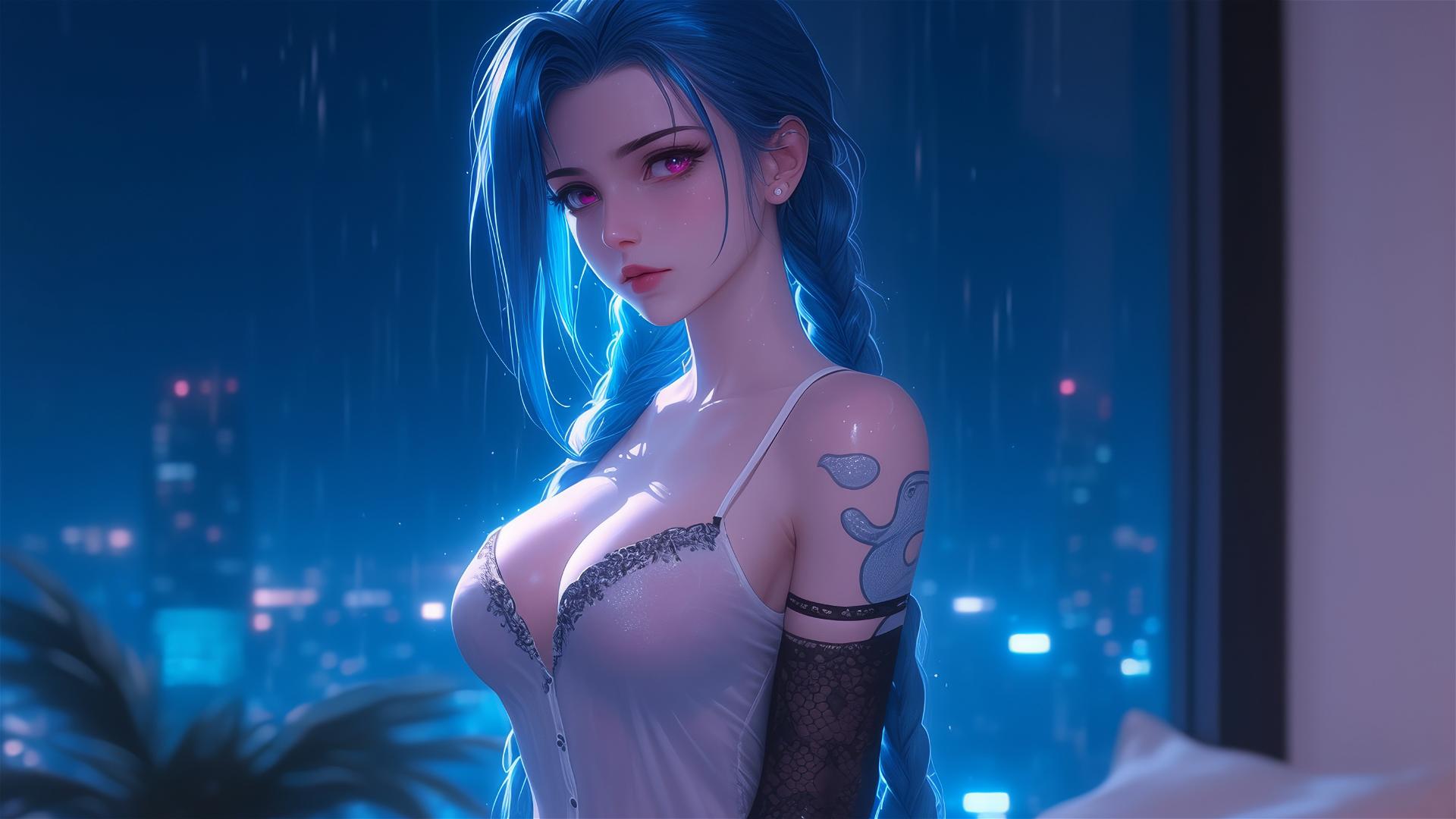 Jinx from League of Legends with blue hair and pink eyes in silk pajamas under moonlight