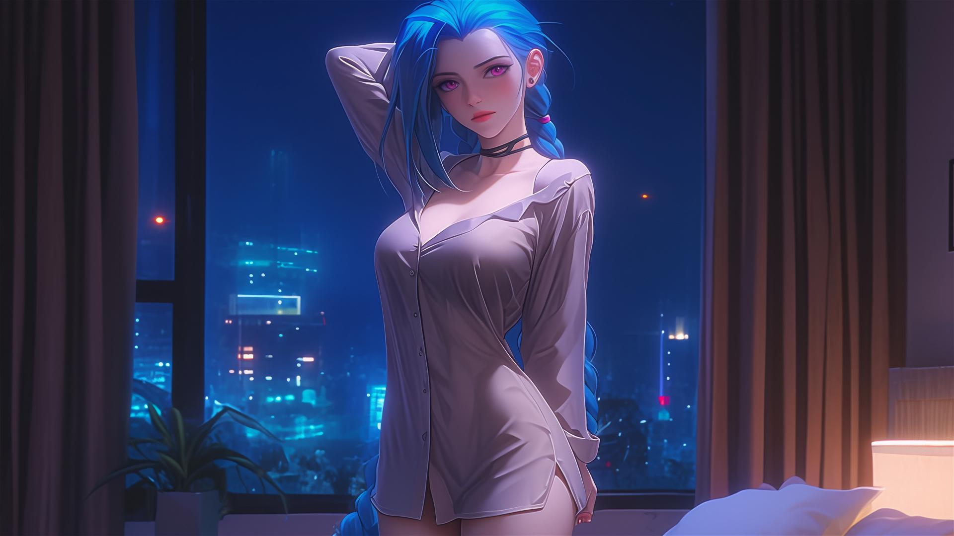 Jinx from League of Legends standing in an apartment under moonlight
