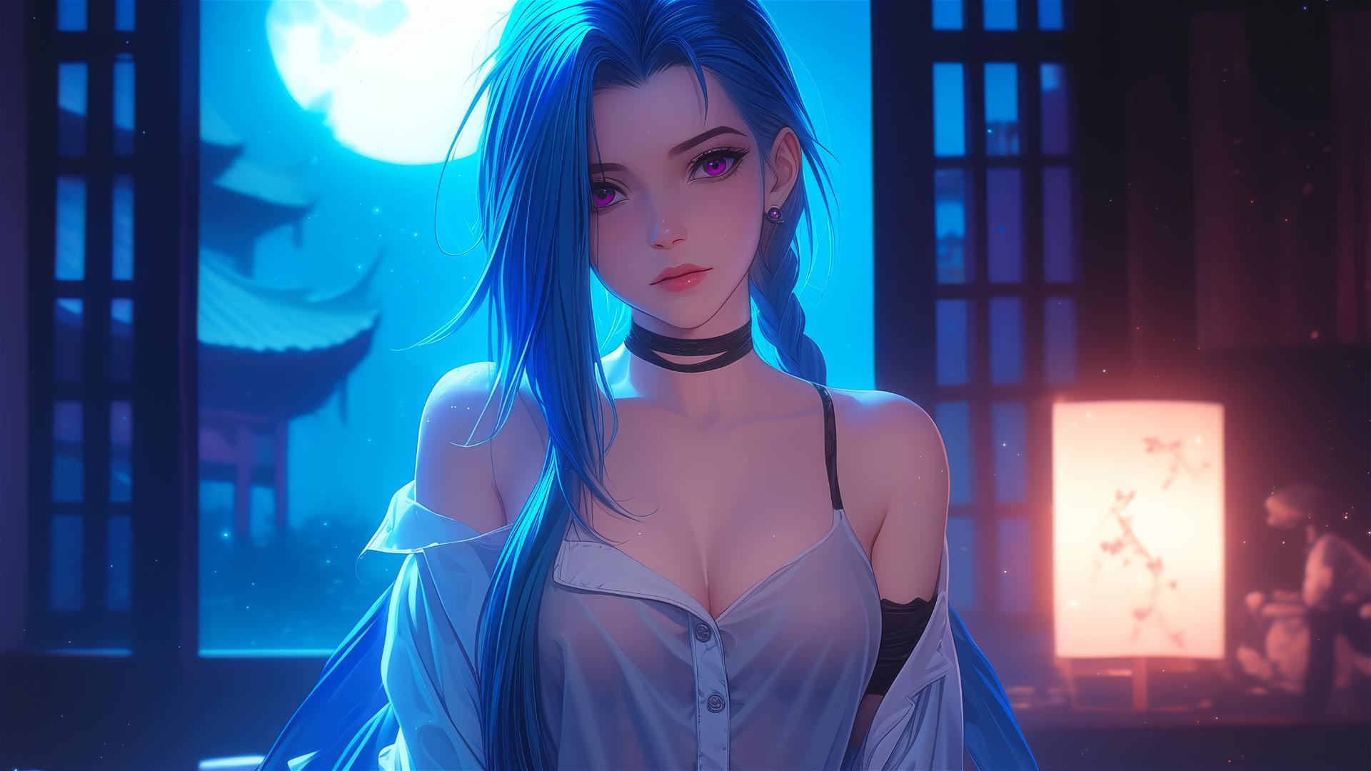 Jinx from League of Legends standing in apartment with moonlight glow