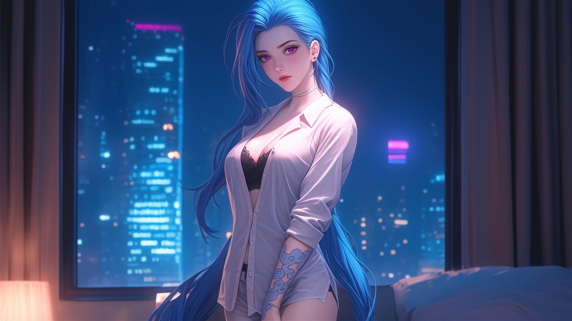 Jinx from League of Legends standing in an apartment under moonlight.