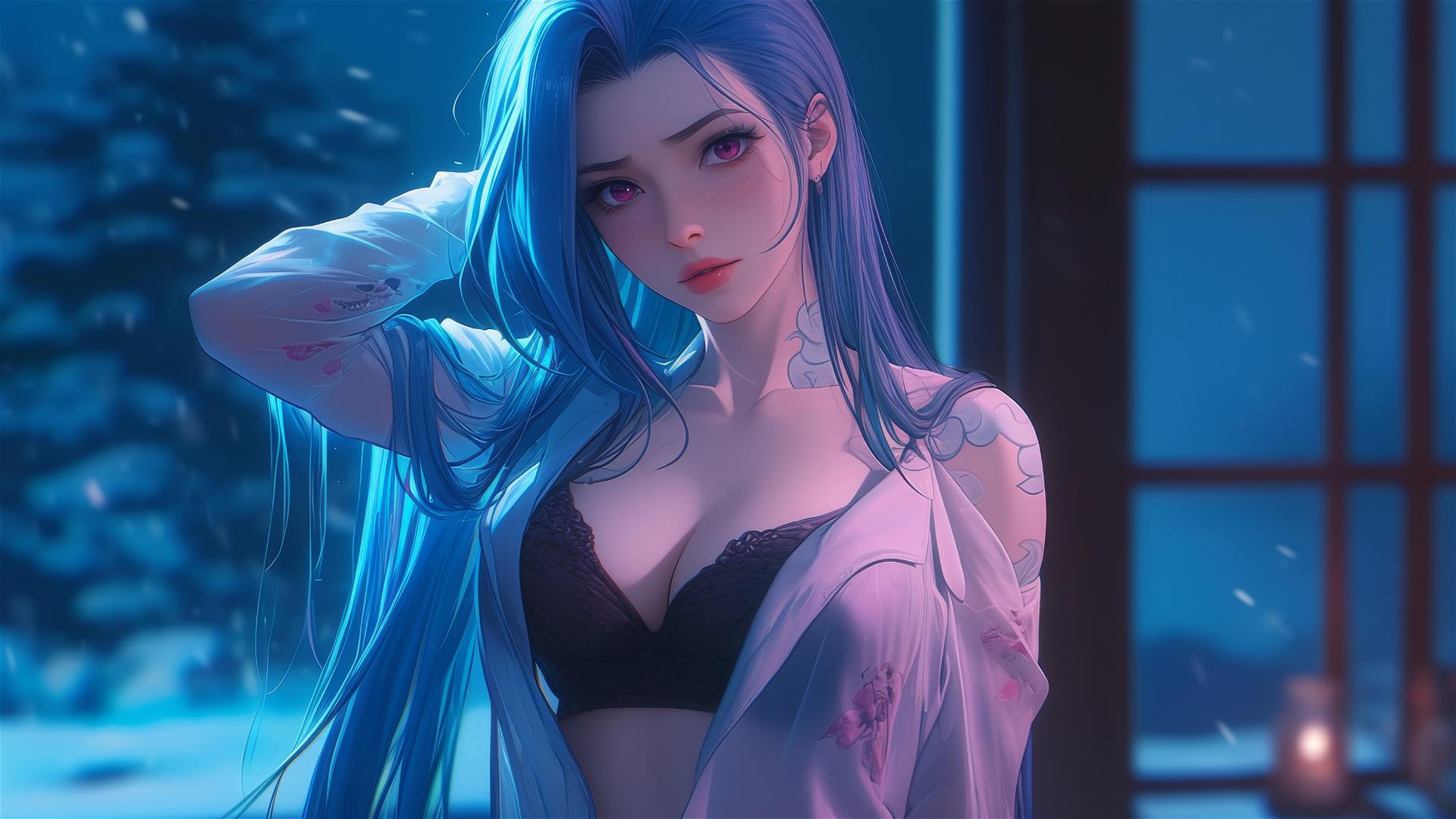Jinx from League of Legends standing in an apartment under moonlight