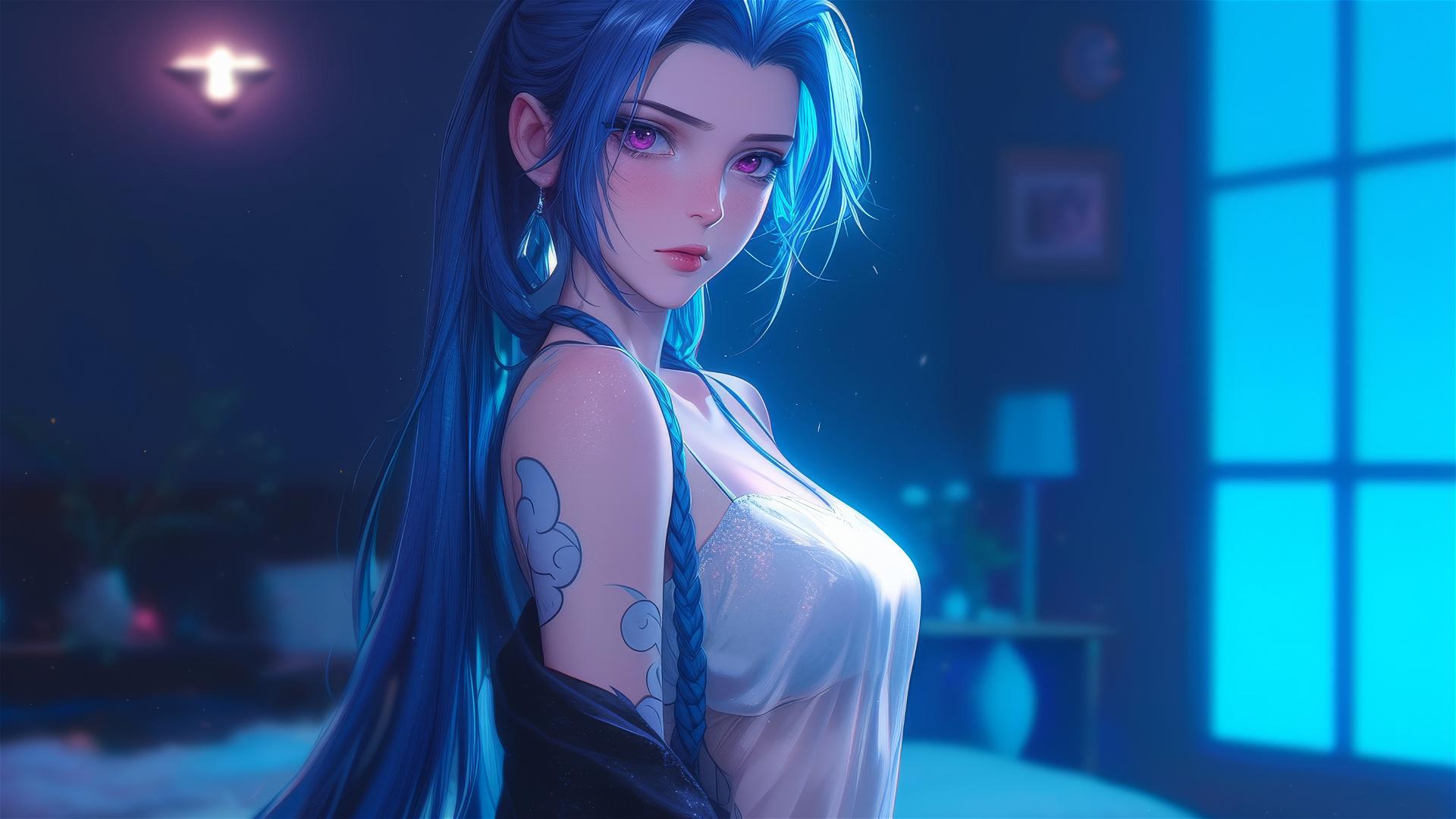 Jinx from League of Legends standing in an apartment illuminated by moonlight