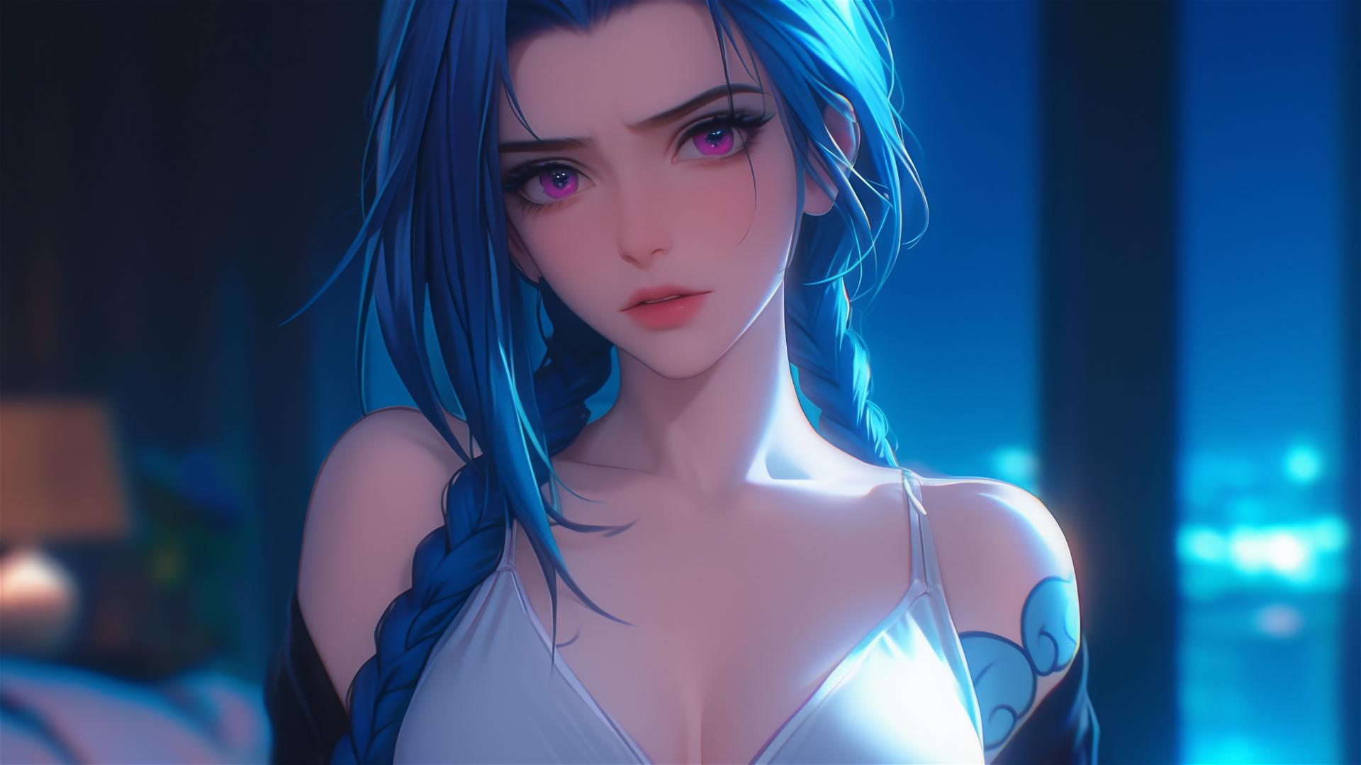 Jinx from League of Legends standing in an apartment under moonlight