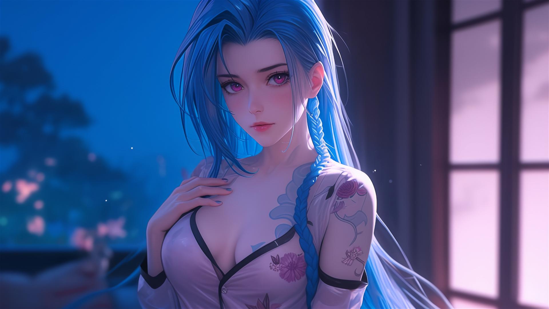 Jinx from League of Legends in silk pajamas with pink eyes and blue hair, moonlit in apartment