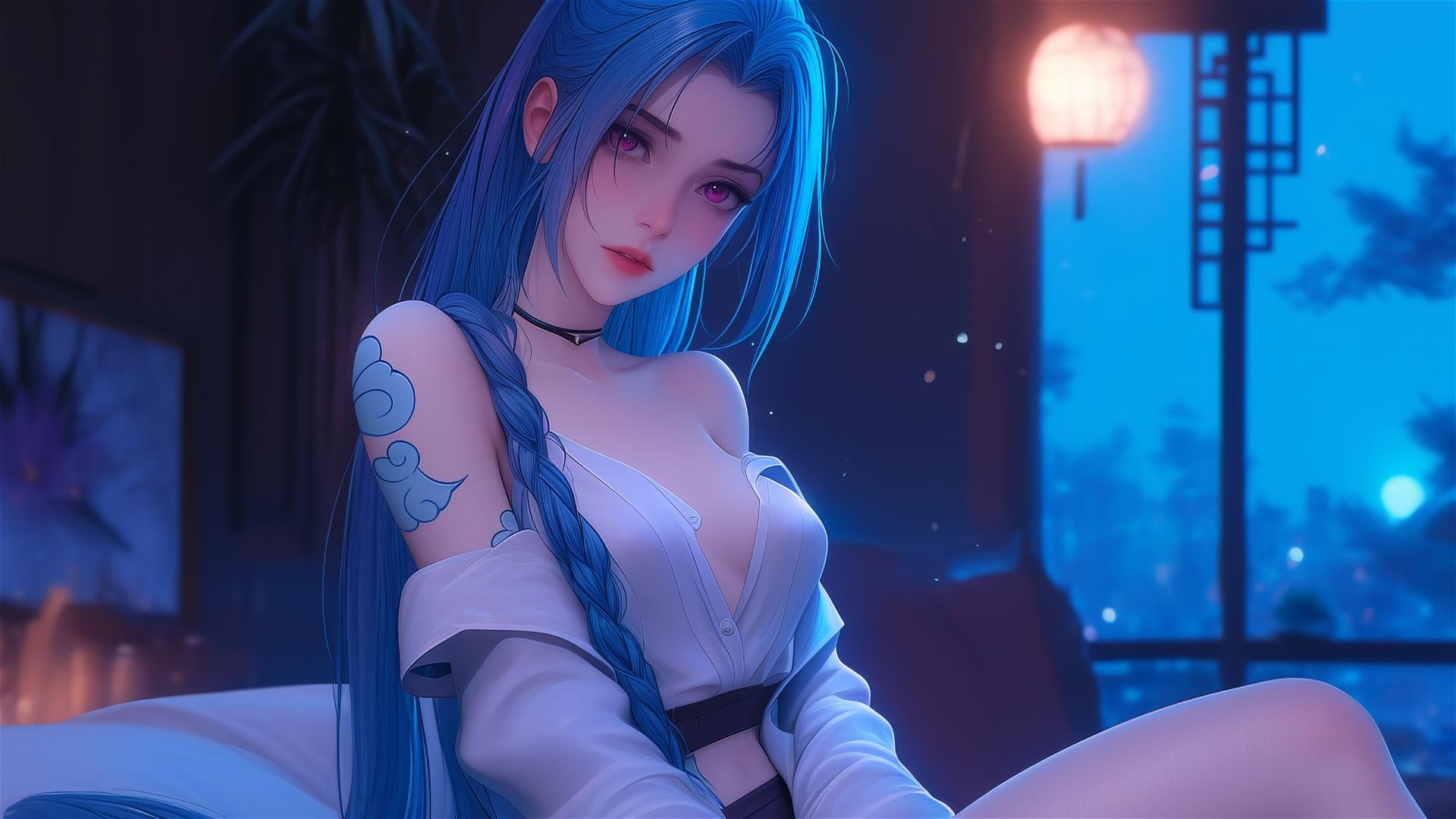 Jinx from League of Legends sitting in an apartment with moonlight glow