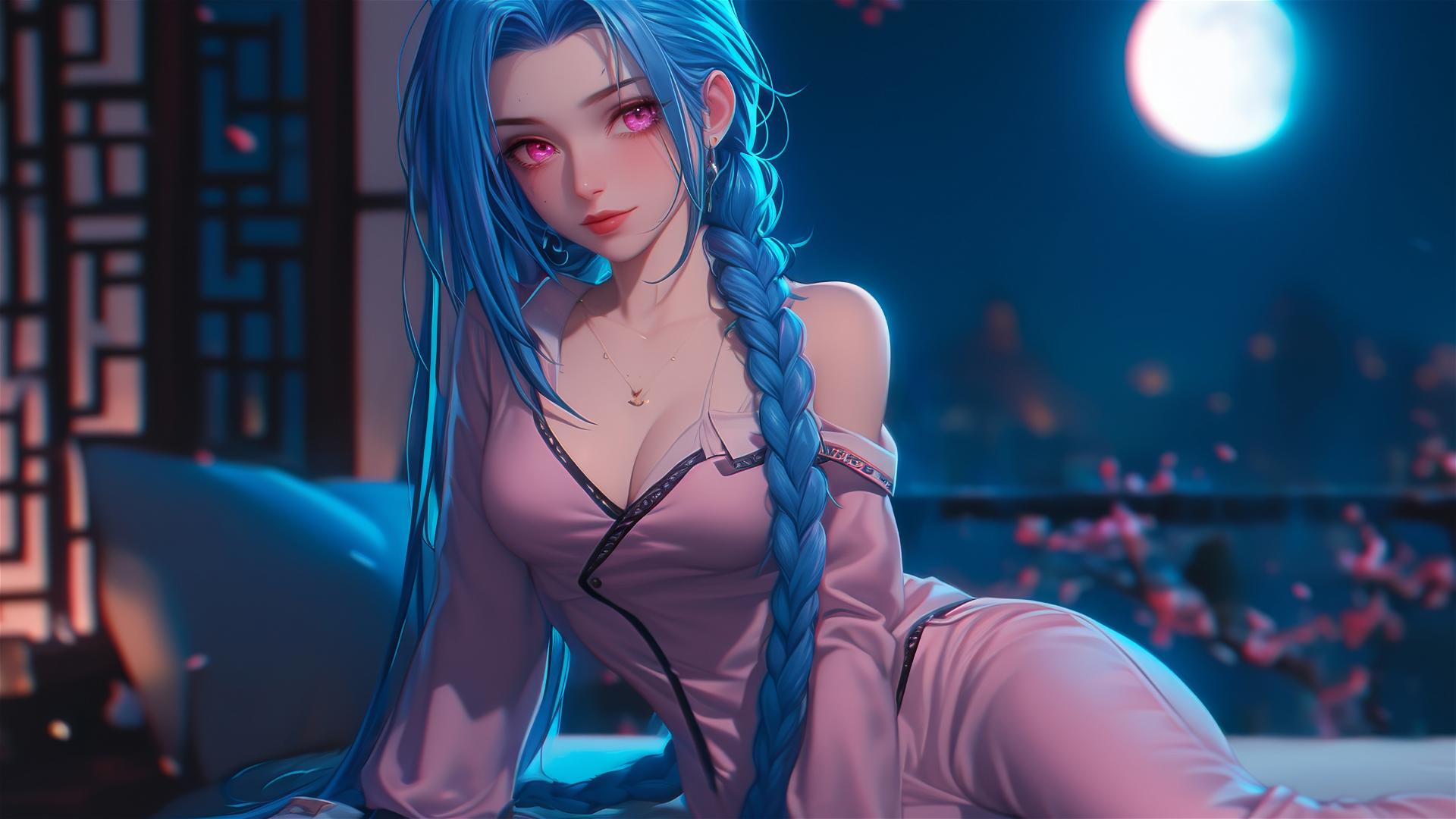 Jinx from League of Legends sitting in an apartment bathed in moonlight