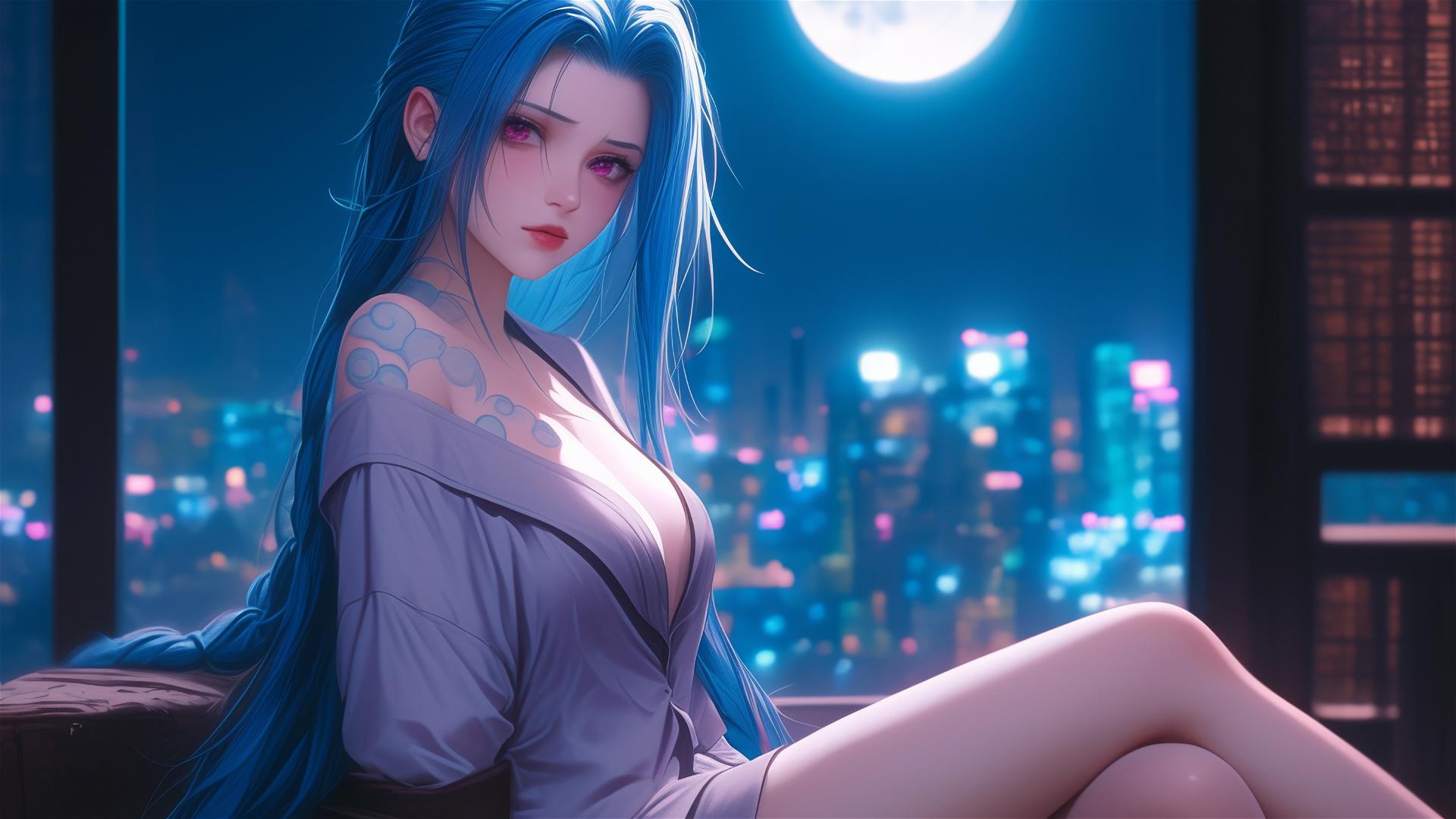Jinx from League of Legends sitting in apartment under moonlight