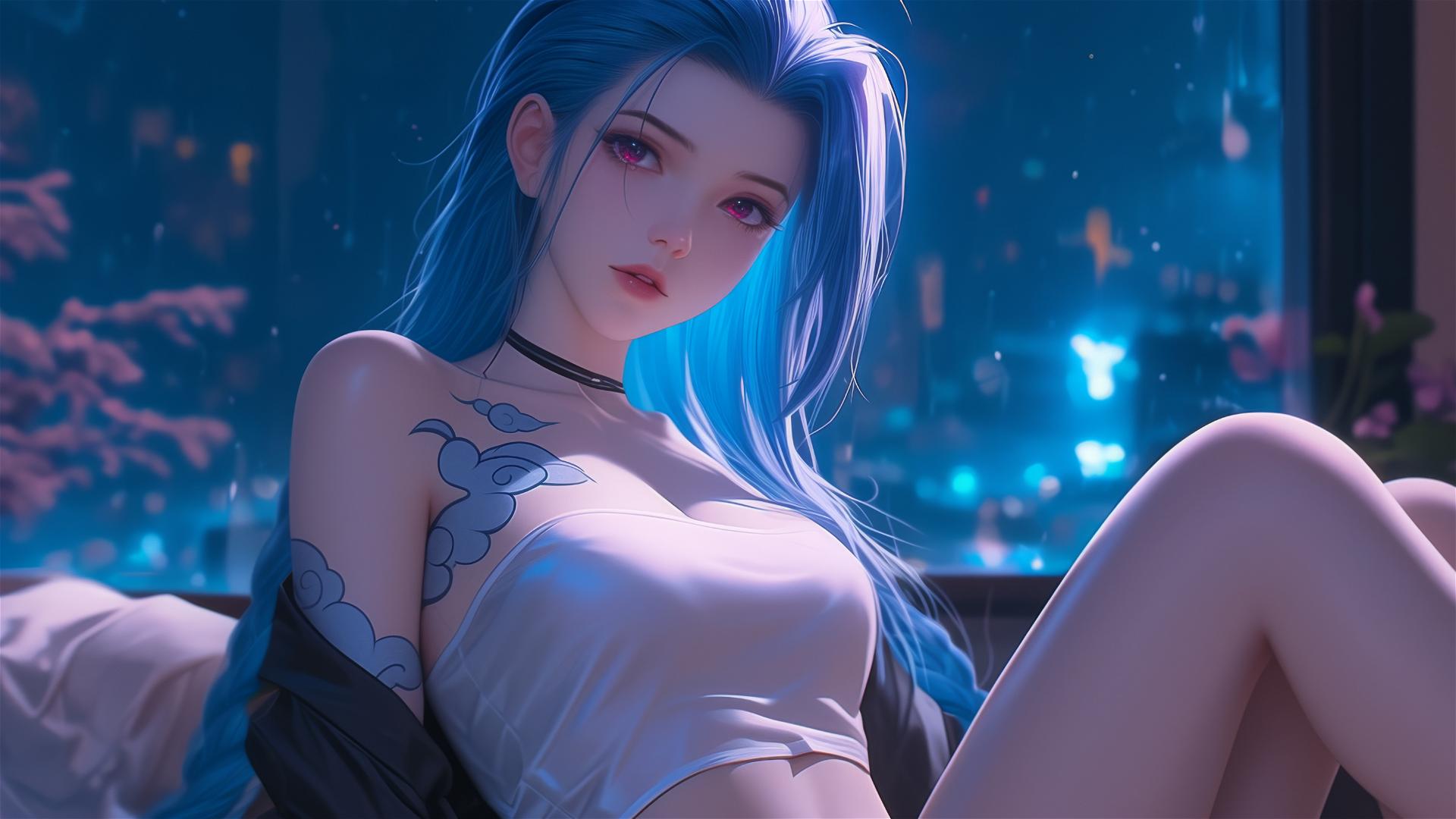 Jinx from League of Legends sitting in an apartment under moonlight with pink eyes, blue hair, and silk pajamas.