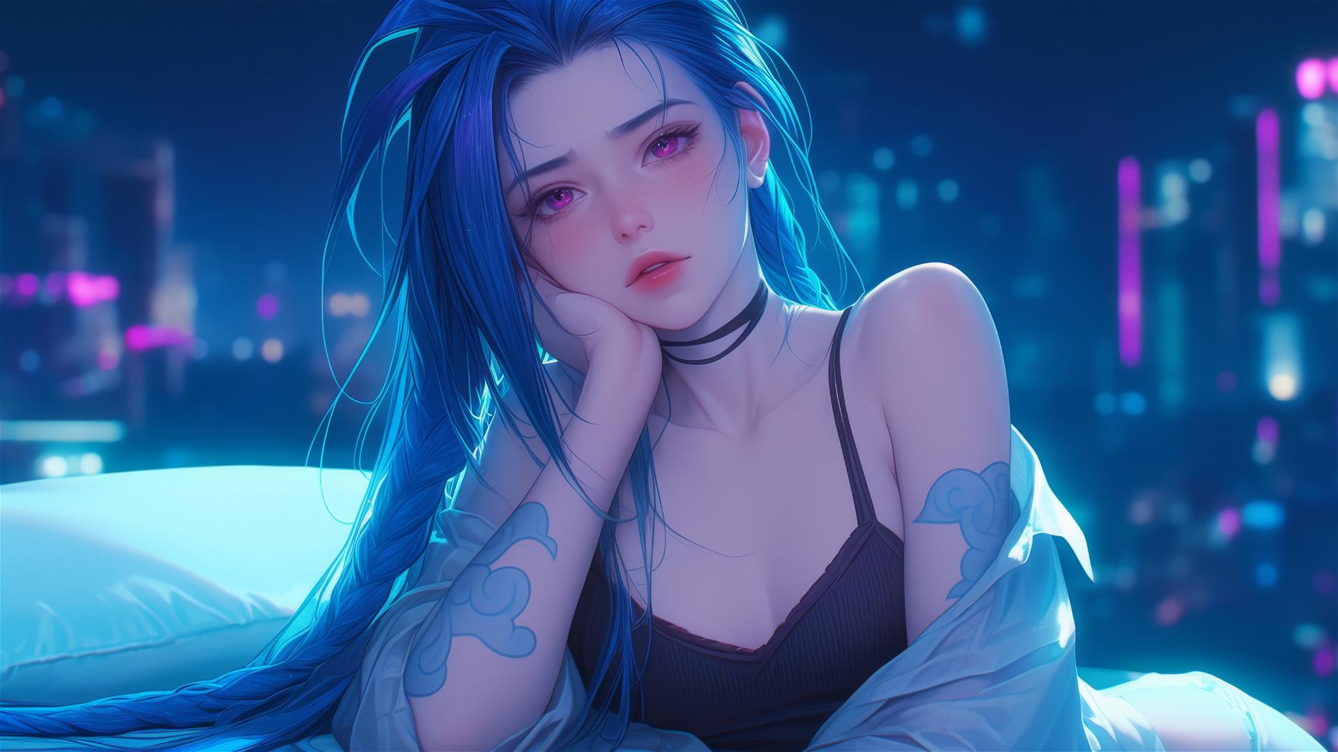 Jinx from League of Legends resting under moonlight in silk pajamas