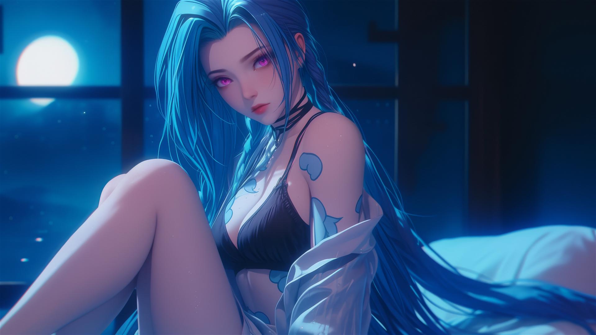 Jinx from League of Legends resting in moonlit apartment, pink eyes, blue hair, silk pajamas