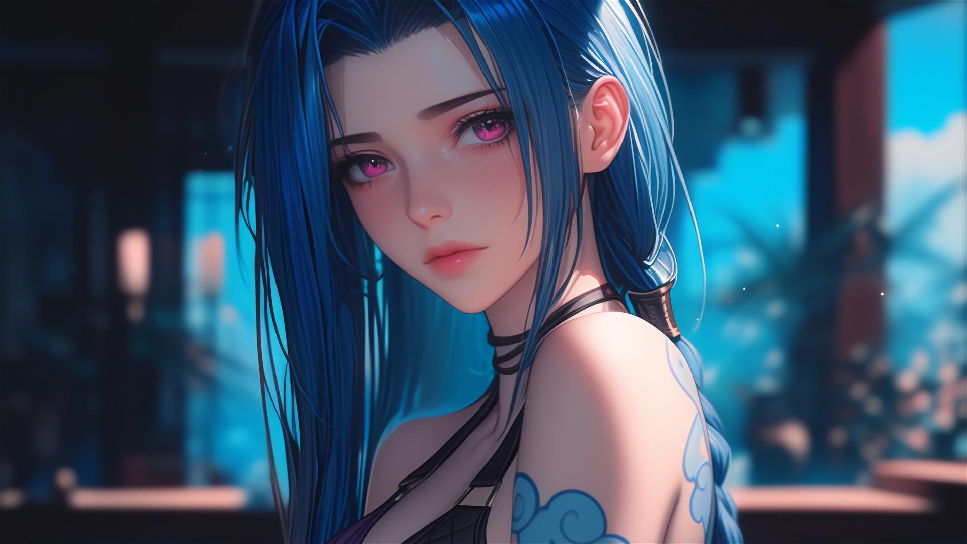Jinx from League of Legends resting in an apartment, moonlight glow