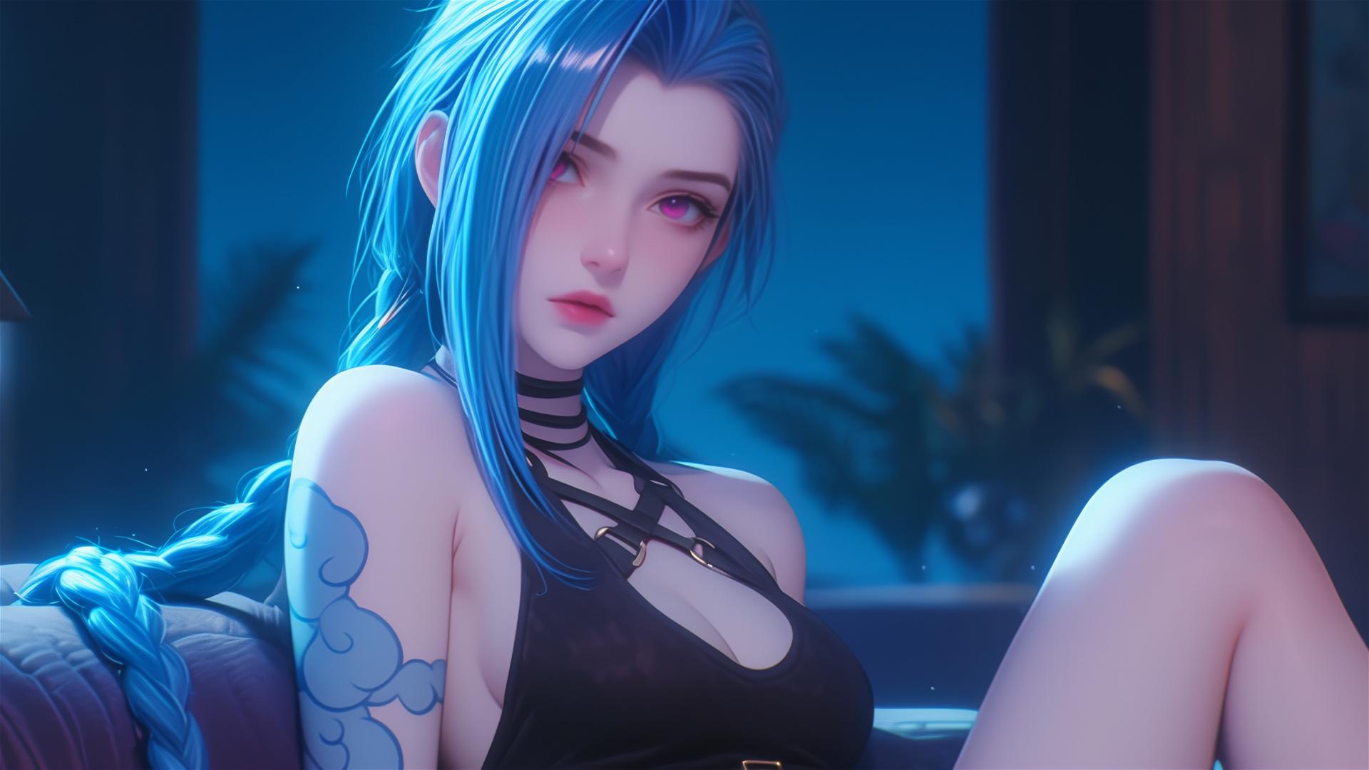 Jinx from League of Legends resting in an apartment with moonlight glow
