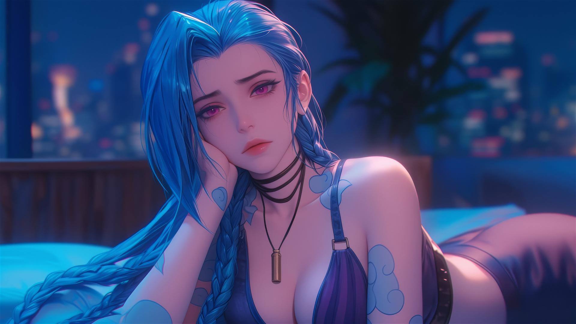 Jinx from League of Legends resting in an apartment under moonlight