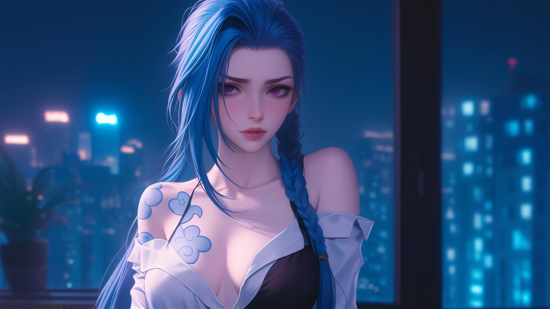 Jinx from League of Legends stands in an apartment bathed in moonlight