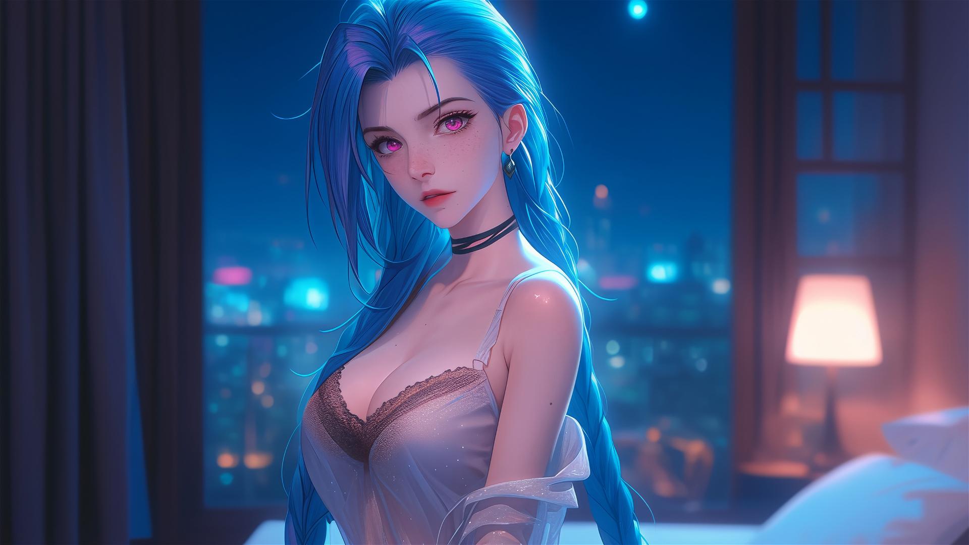 Jinx from League of Legends standing in moonlit apartment