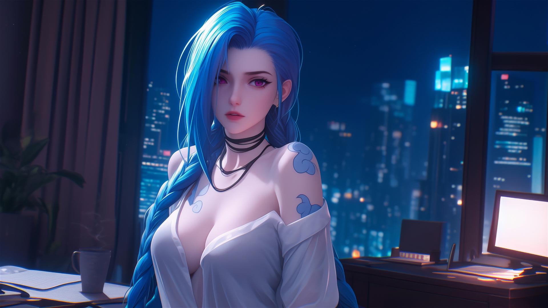 Full body shot of Jinx from League of Legends in silk pajamas with moonlight casting a soft glow