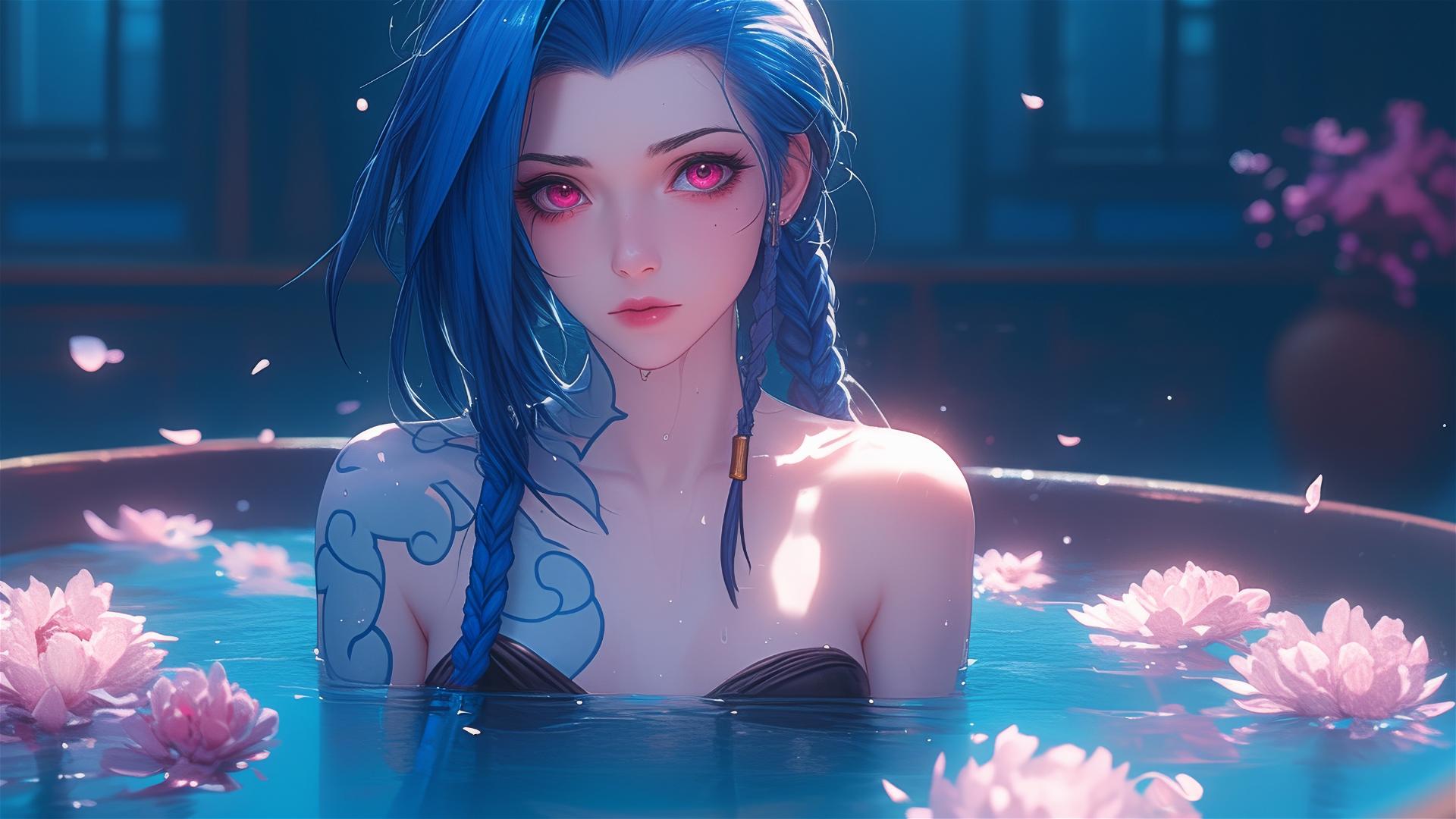 Jinx from League of Legends in a tub of flowers at a Chinese spa