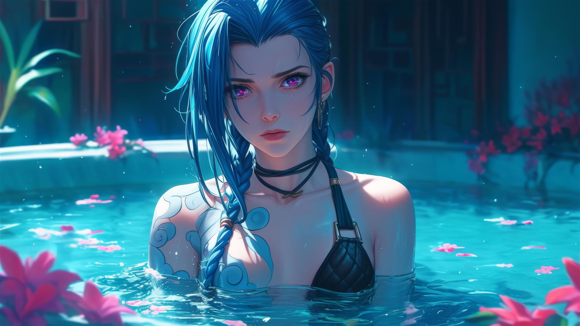 Jinx from League of Legends in a tub full of flowers in a Chinese spa