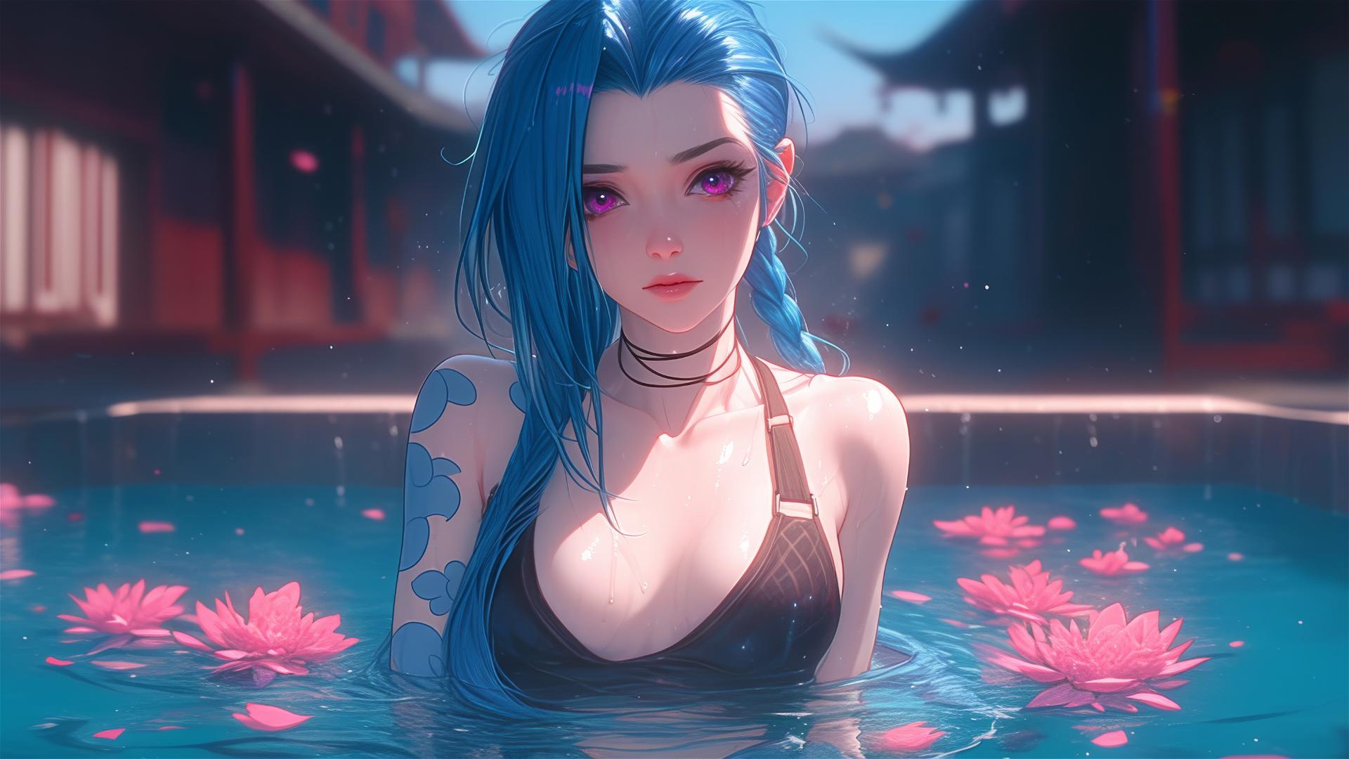 Jinx from League of Legends in a tub of flowers at a Chinese spa, pink eyes, blue hair