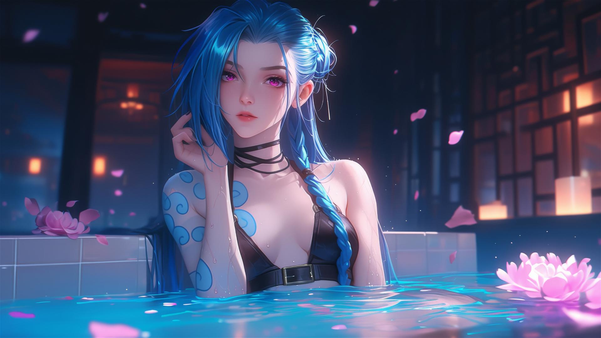 Jinx from League of Legends in a flower-filled tub at a Chinese spa, pink eyes, blue hair.