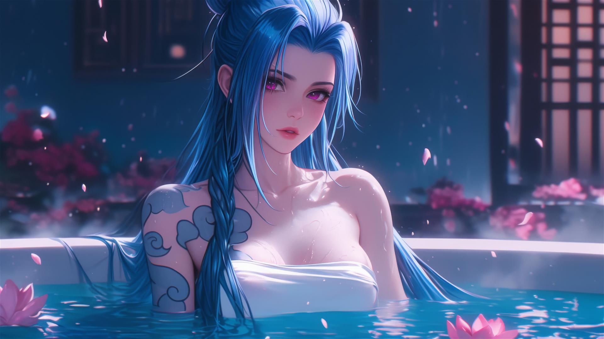 Jinx from League of Legends in a flower-filled tub at a Chinese spa.