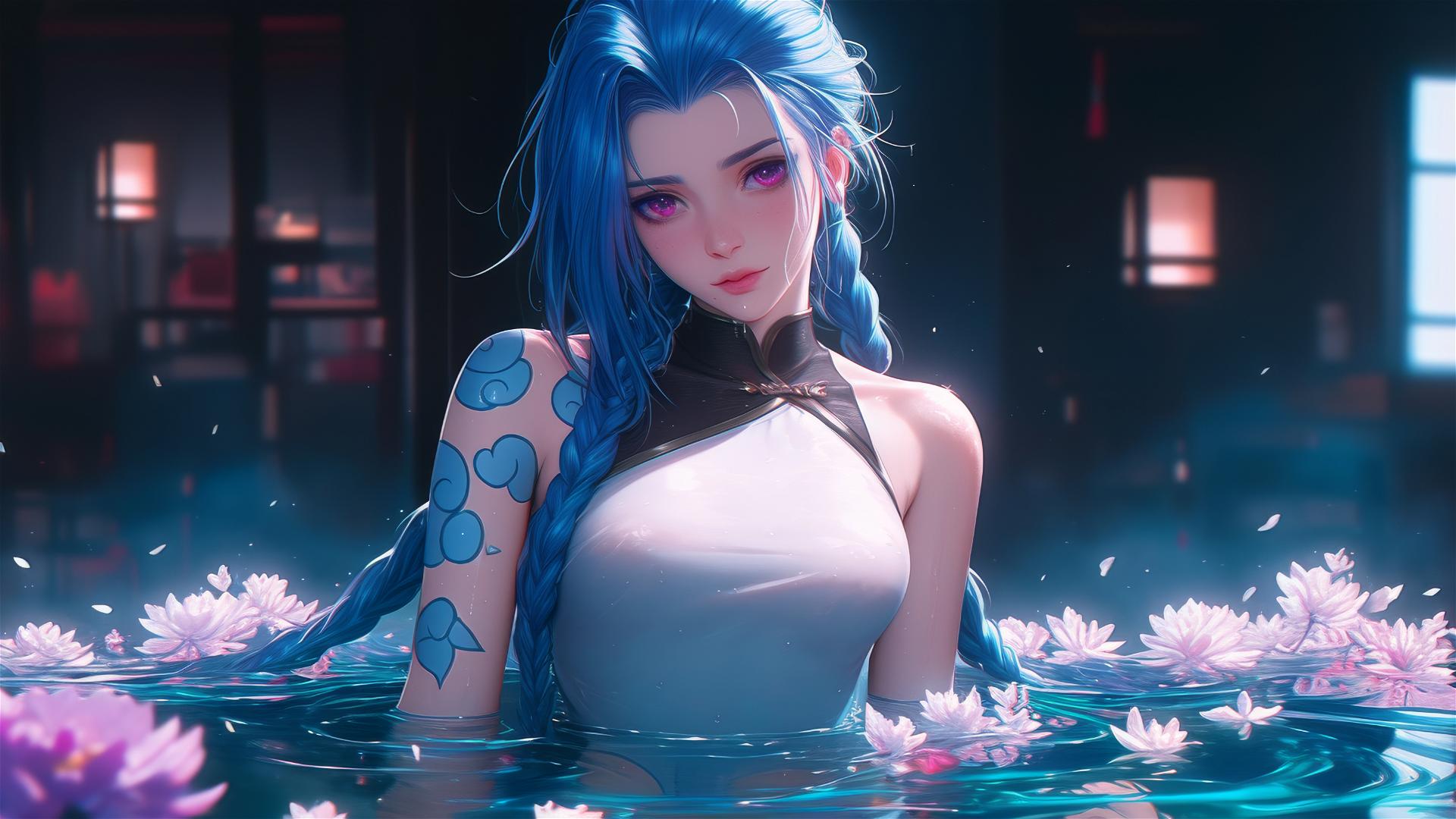 Jinx from League of Legends in a flower-filled tub at a Chinese spa, pink eyes, blue hair.
