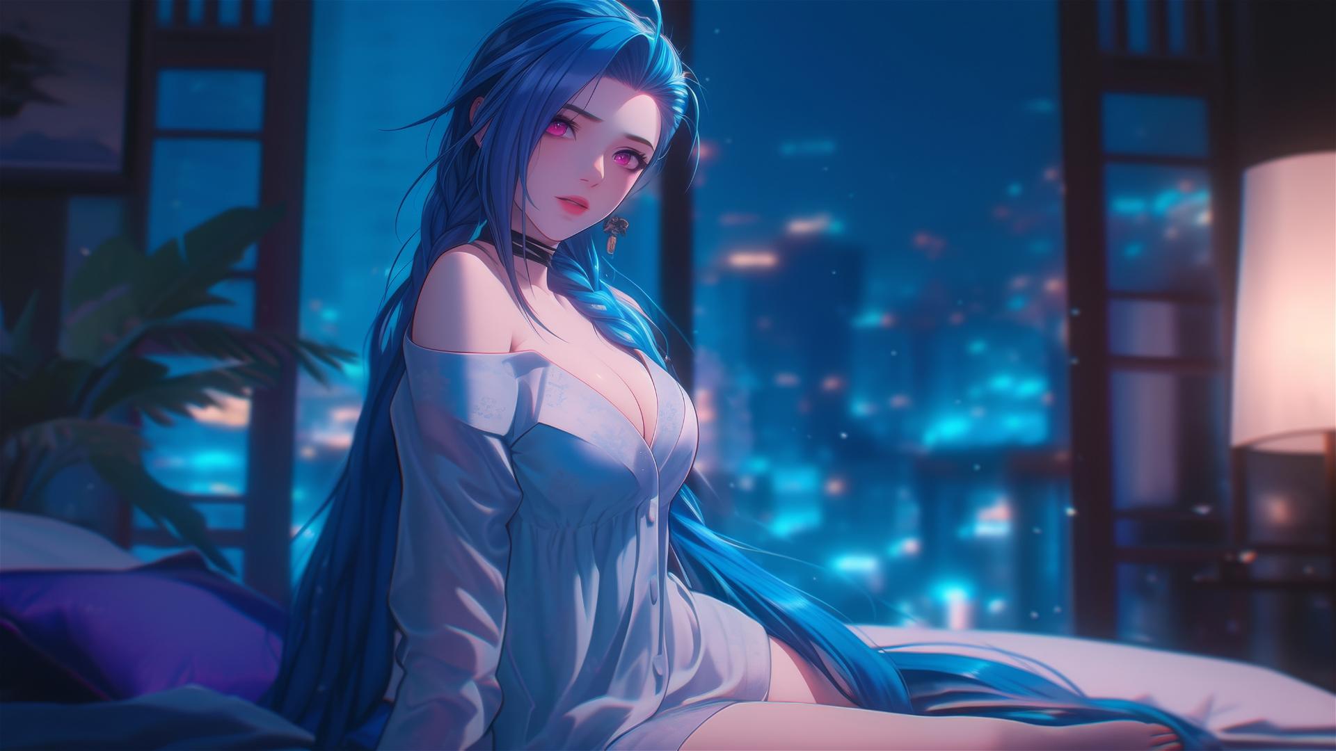Jinx from League of Legends standing in an apartment under moonlight
