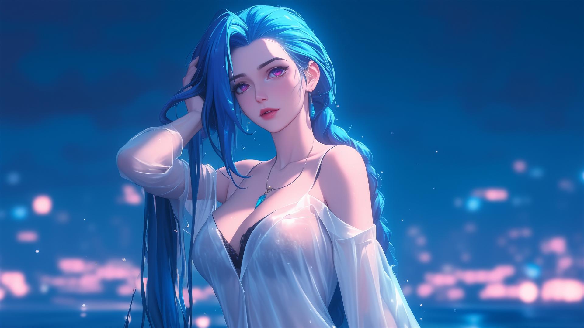 Jinx from League of Legends standing in apartment under moonlight