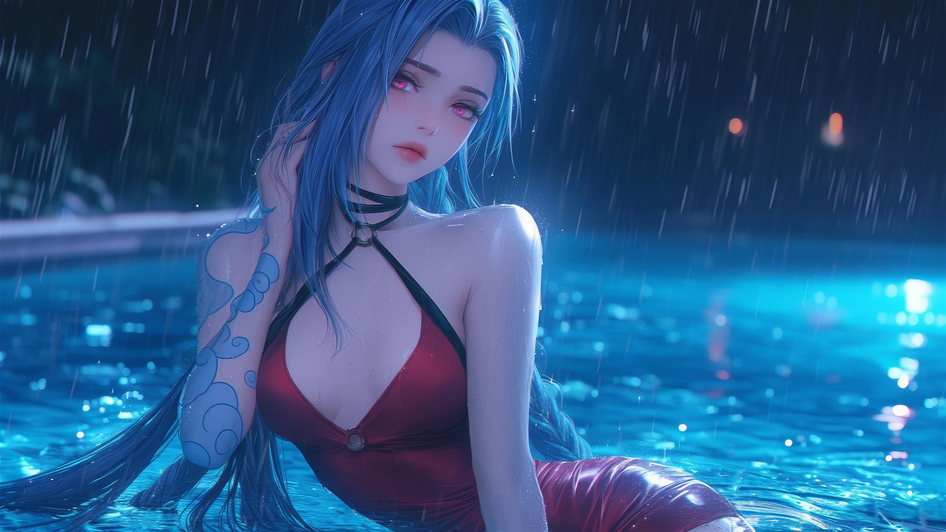 Jinx from League of Legends at a rainy swimming pool with moonlight, pink eyes, red dress, and blue hair.