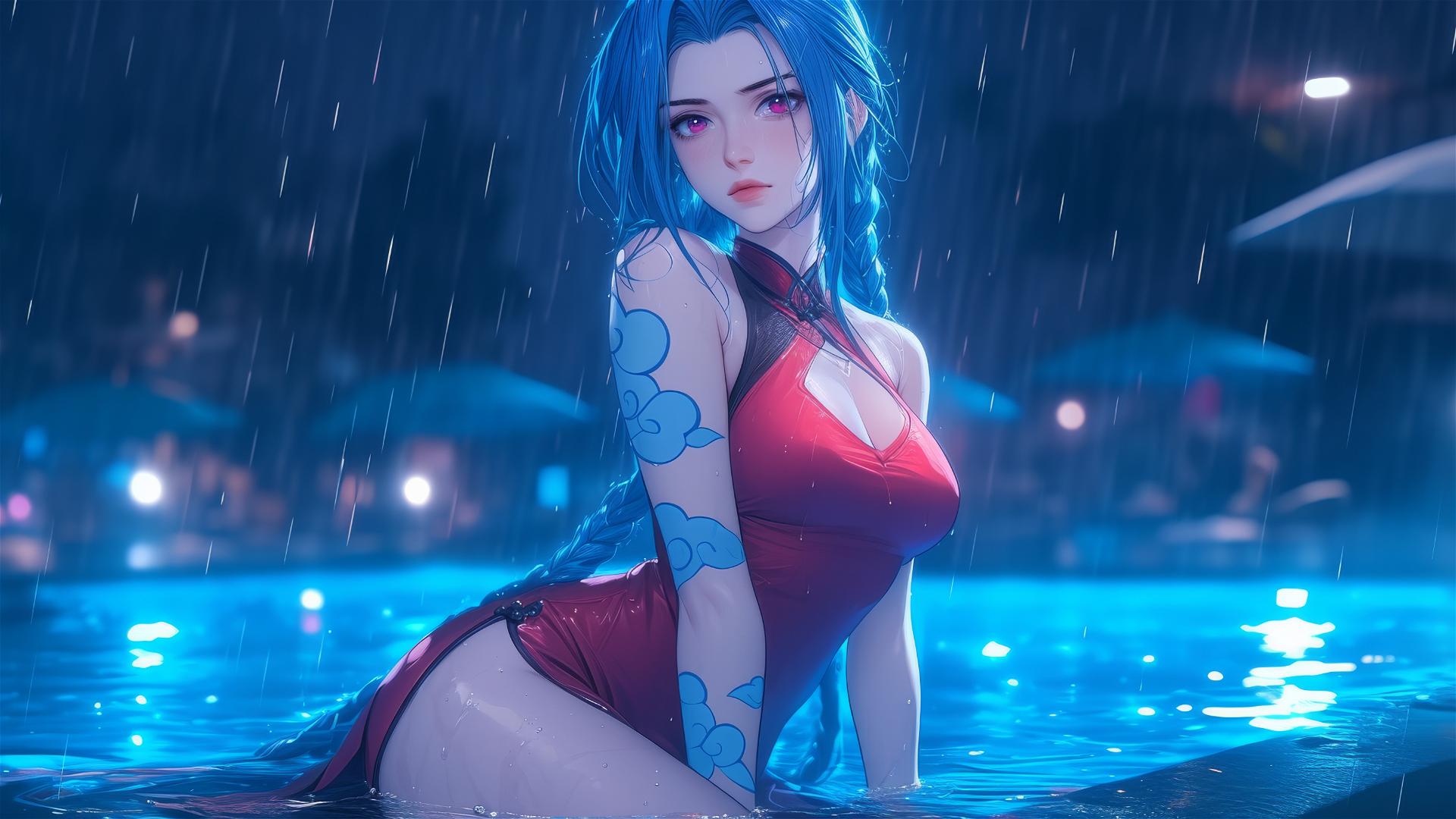 Jinx from League of Legends resting at a rainy swimming pool, moonlight glow