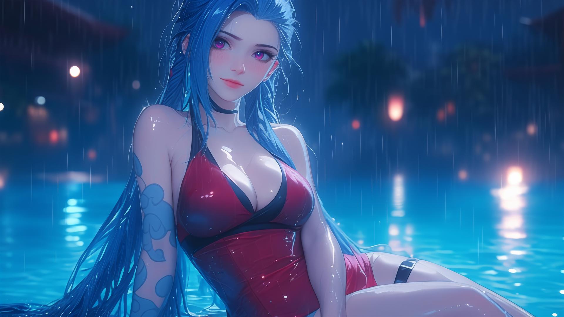 Jinx from League of Legends resting at a rainy swimming pool under moonlight
