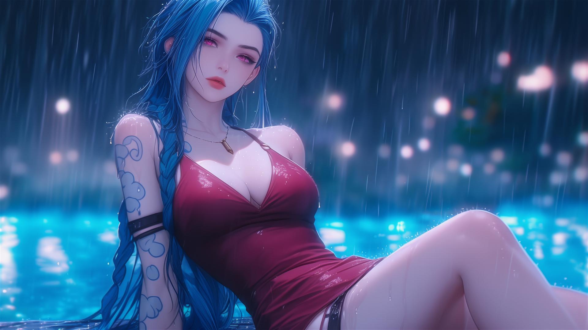 Jinx from League of Legends resting at a rainy pool under moonlight