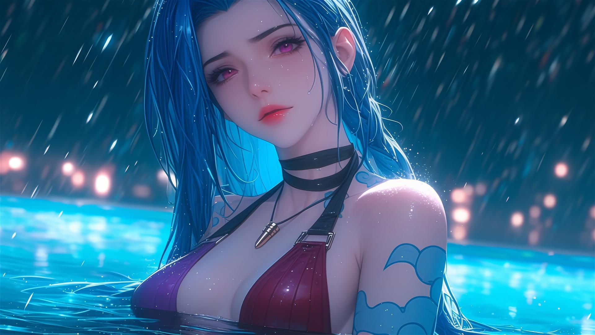 Jinx from League of Legends at a rainy swimming pool, moonlight, pink eyes, red dress, blue hair.
